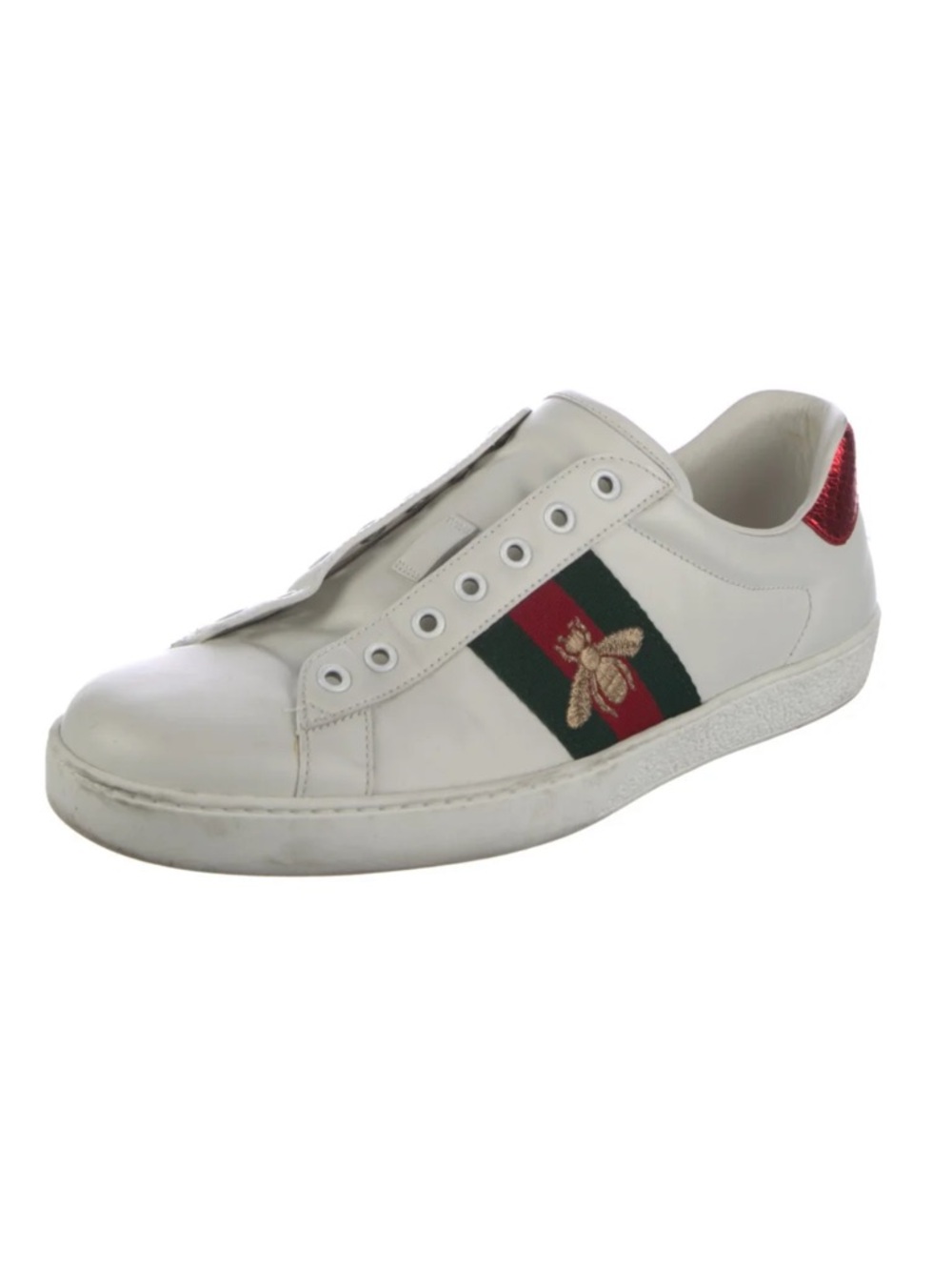 Gucci White Leather Sneaker with Green and Red Web & Bee Embroidery